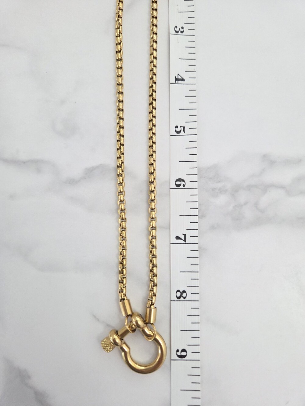 Stainless Steel Gold Plated Horseshoe Shackle Clasp Box Chain Pendant Necklace - Picture 13 of 13